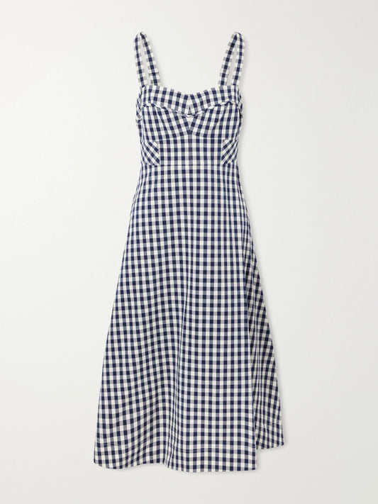 Image of Dresses. Product name - Lois Checked Stretch-cotton Cloqué Midi Dress in Navy colour by brand - Veronica Beard