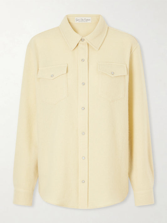Image of a model wearing Tops. Product name - Daffodil Cashmere Shirt in Yellow colour by brand - God's True Cashmere