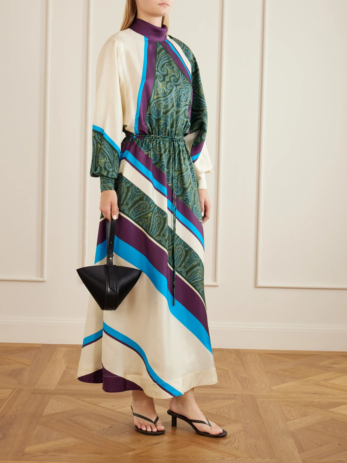 Image of Dresses. Product name - Joni Tie-detailed Printed Silk-twill Midi Dress in Multi colour by brand - ALÉMAIS