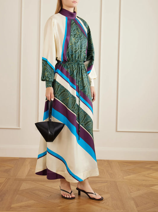 Image of Dresses. Product name - Joni Tie-detailed Printed Silk-twill Midi Dress in Multi colour by brand - ALÉMAIS