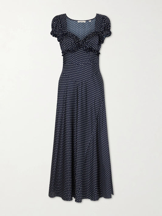 Image of Dresses. Product name - Valerine Gathered Polk-dot Silk-blend Twill Maxi Dress in Navy colour by brand - DÔEN