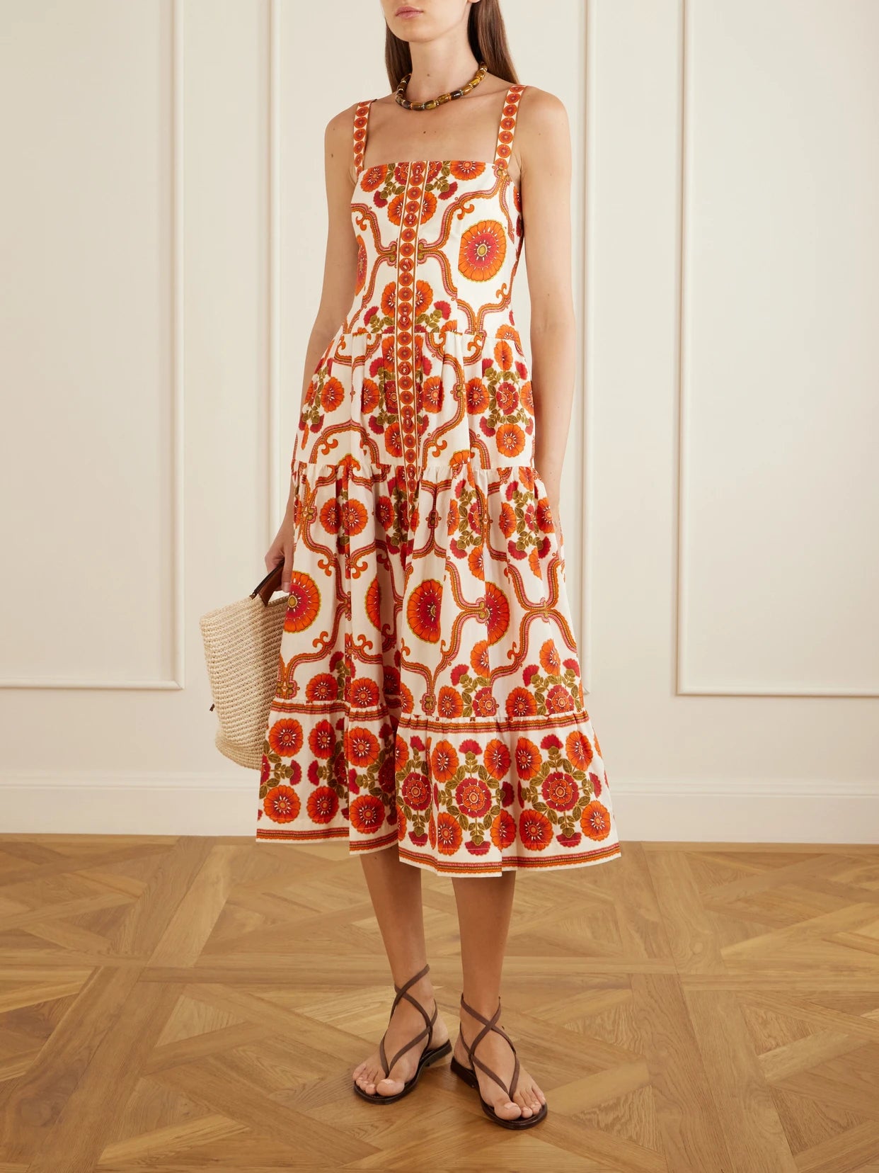 Image of Dresses. Product name - Margarita Tiered Floral-print Cotton-poplin Midi Dress in Orange colour by brand - Cara Cara