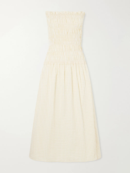 Image of Dresses. Product name - Amalita Shirred Gingham Cotton Midi Dress in Yellow colour by brand - Faithfull