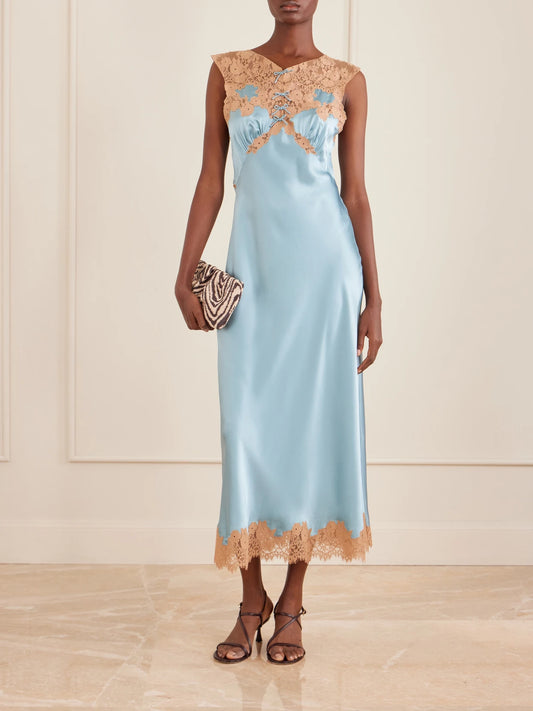 Image of Dresses. Product name - Marcelle Lace-trimmed Silk-satin Midi Dress in Blue colour by brand - DÔEN