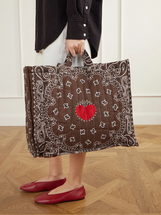 Image of Bags. Product name - Maxi Cabas Matelassé Embroidered Bandana-printed Padded Cotton-canvas Tote in Brown colour by brand - CALL IT BY YOUR NAME