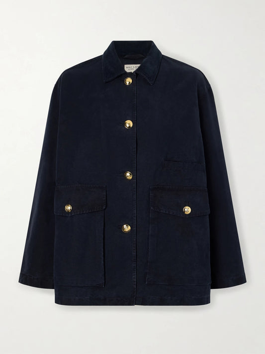 Image of Coats & Jackets. Product name - Devin Corduroy-trimmed Cotton-canvas Jacket in Navy colour by brand - Nili Lotan