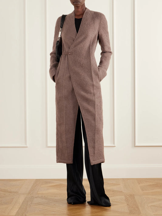 Image of Coats & Jackets. Product name - Leather-trimmed Brushed Alpaca And Wool-blend Wrap Coat in Grape colour by brand - Rick Owens