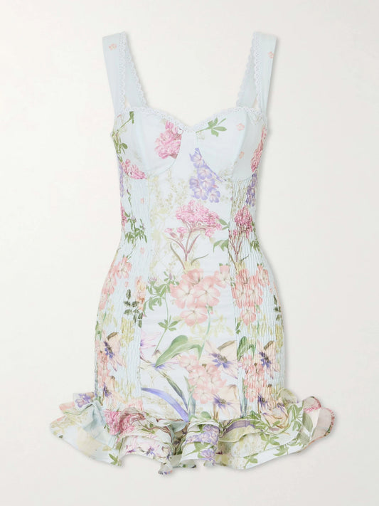 Image of Dresses. Product name - Sunil Floral-print Cotton-blend Mini Dress in Blue colour by brand - Charo Ruiz