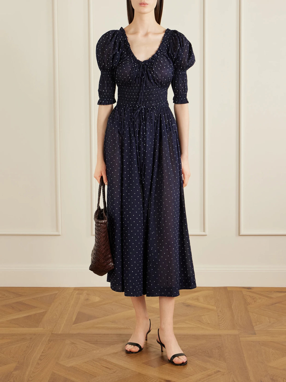 Image of Dresses. Product name - Ischia Shirred Polka-dot Organic Cotton-voile Midi Dress in Navy colour by brand - DÔEN