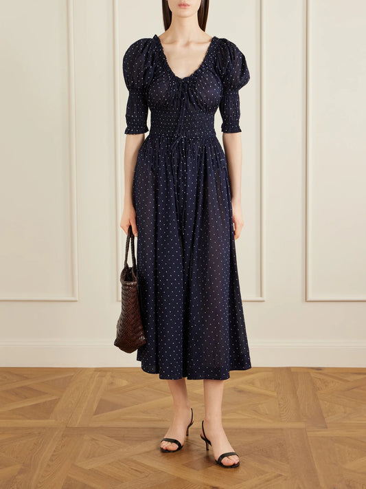 Image of Dresses. Product name - Ischia Shirred Polka-dot Organic Cotton-voile Midi Dress in Navy colour by brand - DÔEN