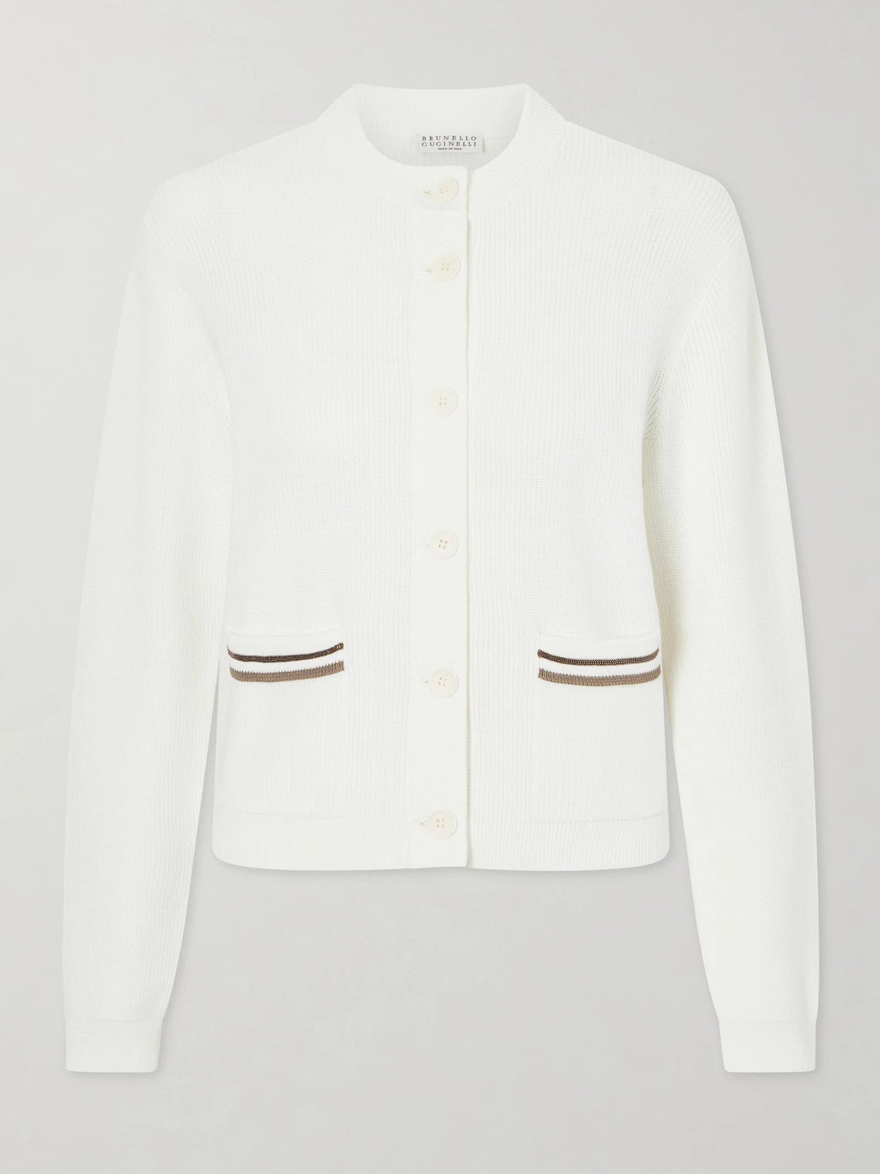 Image of a model wearing Outerwear. Product name - Bead-embellished Ribbed Cotton Cardigan in White colour by brand - Brunello Cucinelli