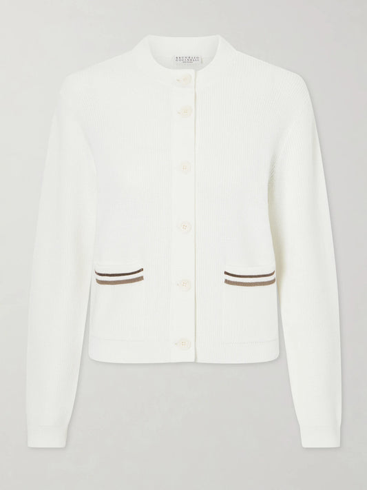 Image of a model wearing Outerwear. Product name - Bead-embellished Ribbed Cotton Cardigan in White colour by brand - Brunello Cucinelli
