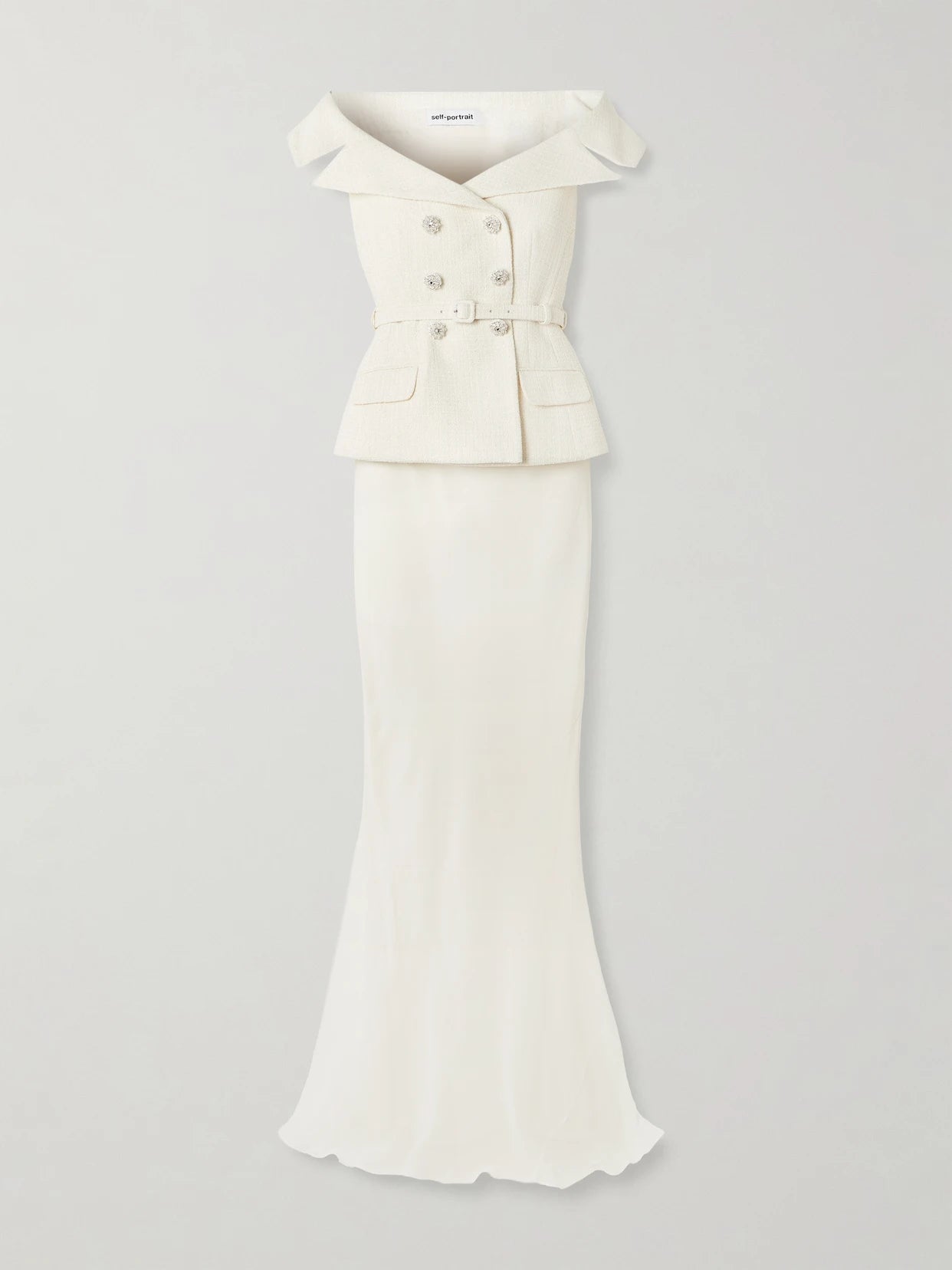 Image of Dresses. Product name - Off-the-shoulder Belted Metallic Bouclé And Crepe Maxi Dress in Cream colour by brand - Self-Portrait