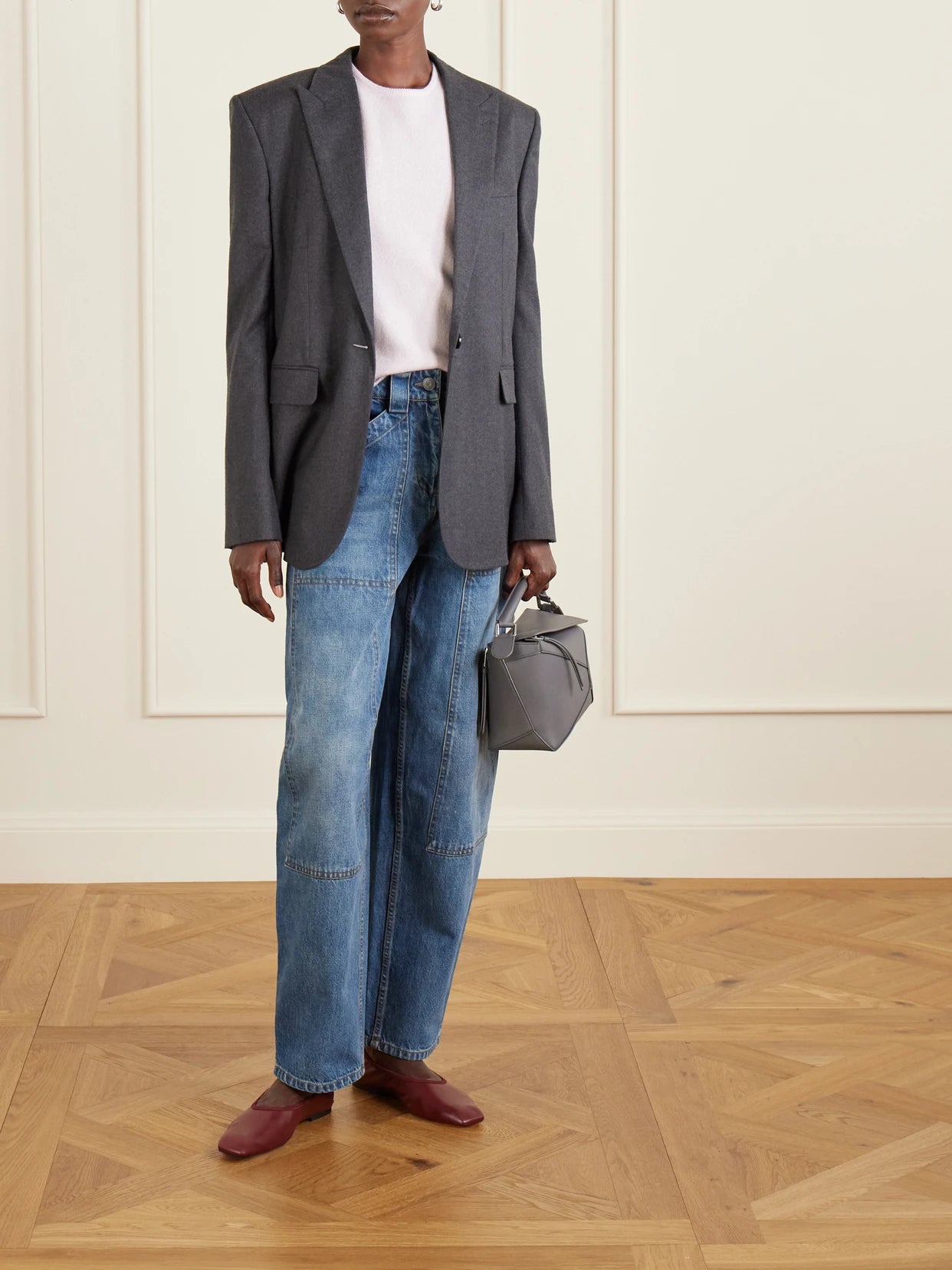 Image of Jeans. Product name - Paneled Mid-rise Barrel-leg Jeans in Mid denim colour by brand - Co