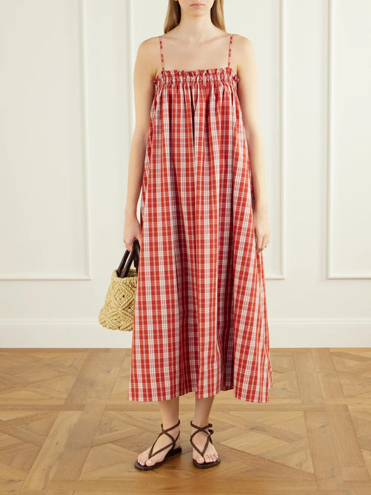 Image of Dresses. Product name - Greta Checked Cotton Midi Dress in Red colour by brand - Faithfull