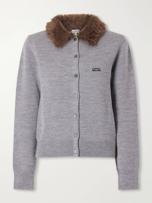 LOEWE Plush-trimmed Logo-embroidered Wool Cardigan