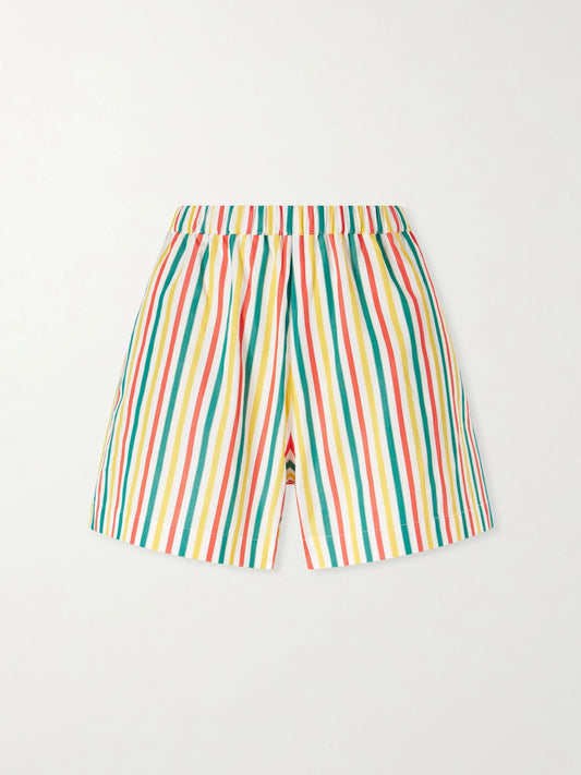 Image of a model wearing Shorts. Product name - Striped Cotton-poplin Shorts in Yellow colour by brand - Lido