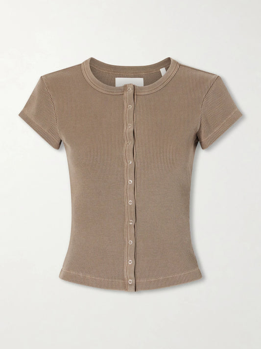 Image of a model wearing Tops. Product name - Tabi Ribbed Jersey Cardigan in Brown colour by brand - Citizens of Humanity