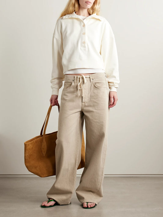 Image of Sleepwear & Loungewear. Product name - Mirelle Cropped Cotton-jersey Sweatshirt in Cream colour by brand - Citizens of Humanity