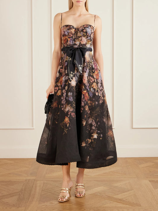 Image of Dresses. Product name - Valiant Belted Floral-print Linen And Silk-blend Bustier Midi Dress in Black colour by brand - Zimmermann