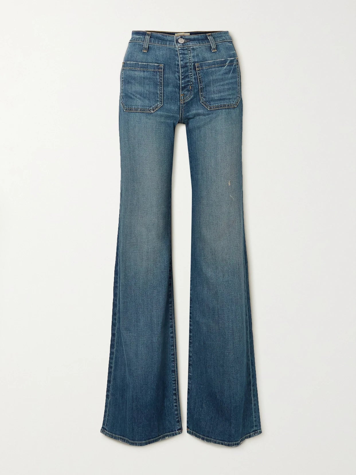 Image of Jeans. Product name - Florence Distressed High-rise Flared Jeans in Mid denim colour by brand - Nili Lotan