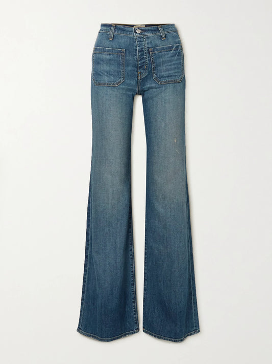 Image of Jeans. Product name - Florence Distressed High-rise Flared Jeans in Mid denim colour by brand - Nili Lotan