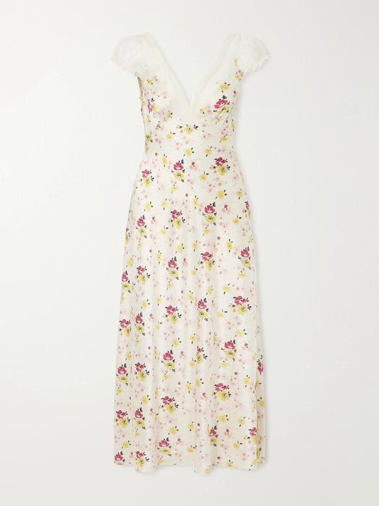 DÔEN Corelia Floral-print Belted Lace-trimmed Midi Dress