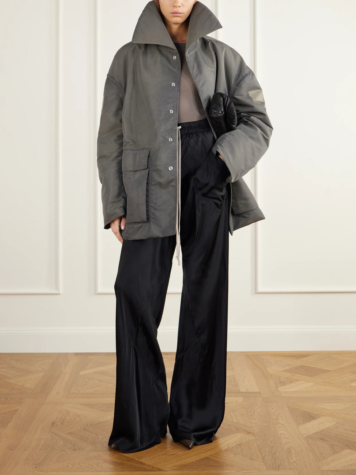 Image of Coats & Jackets. Product name - Dracucollar Oversized Distressed Padded Shell Parka in Stone colour by brand - Rick Owens