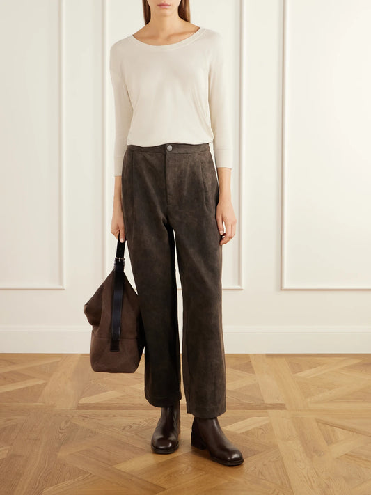 Image of a model wearing Tops. Product name - Pima Cotton-jersey T-shirt in Ivory, Black colour by brand - Lauren Manoogian