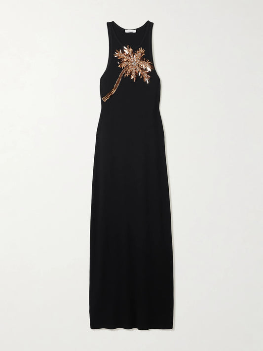 Image of Dresses. Product name - Embellished Stretch-cotton Jersey Midi Dress in Black colour by brand - RABANNE