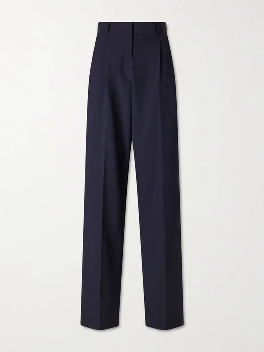 Image of a model wearing Pants. Product name - Mune Merino Wool-poplin Straight-leg Pants in Navy colour by brand - The Row