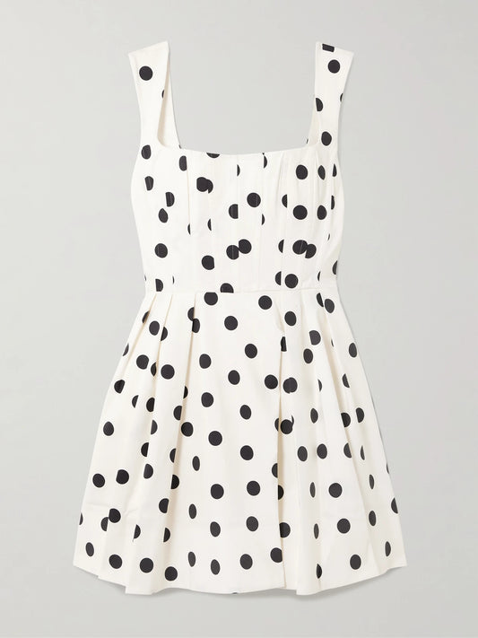 Image of Dresses. Product name - Maisie Pleated Polka-dot Cotton-blend Poplin Mini Dress in White colour by brand - Rebecca Vallance