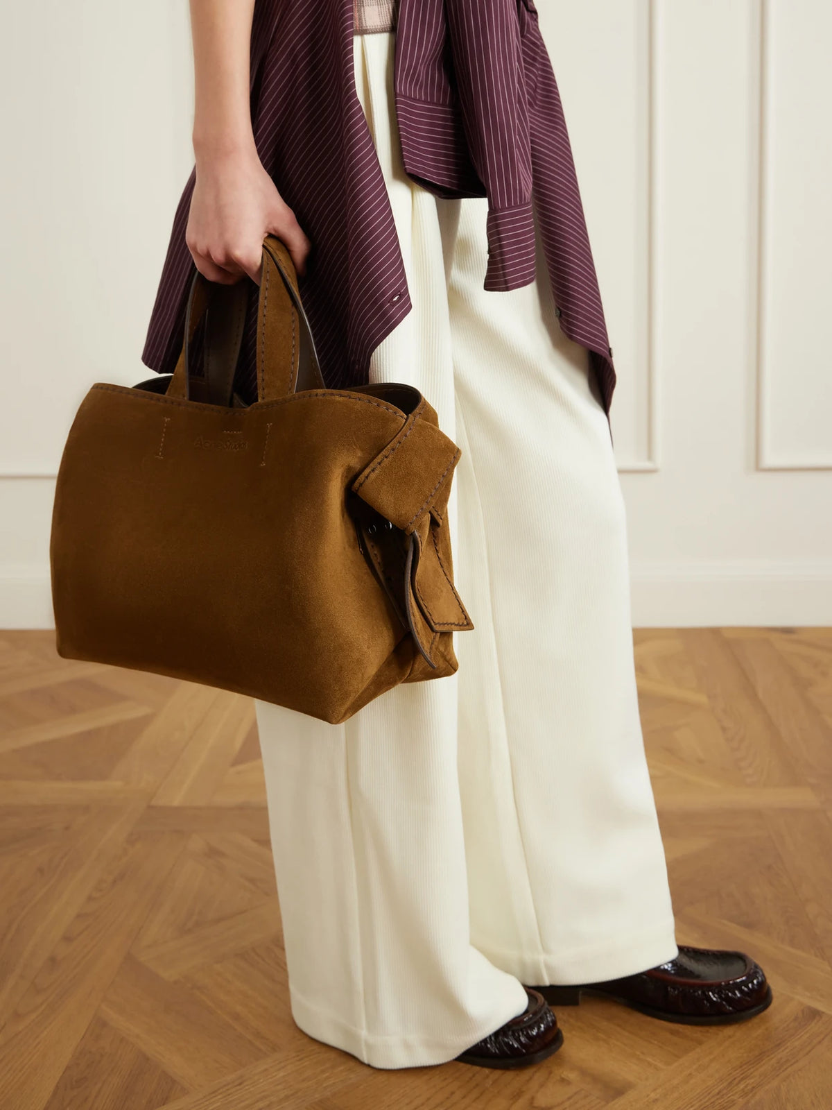 Image of Bags. Product name - Musubi Knotted Suede Tote in Brown colour by brand - Acne Studios