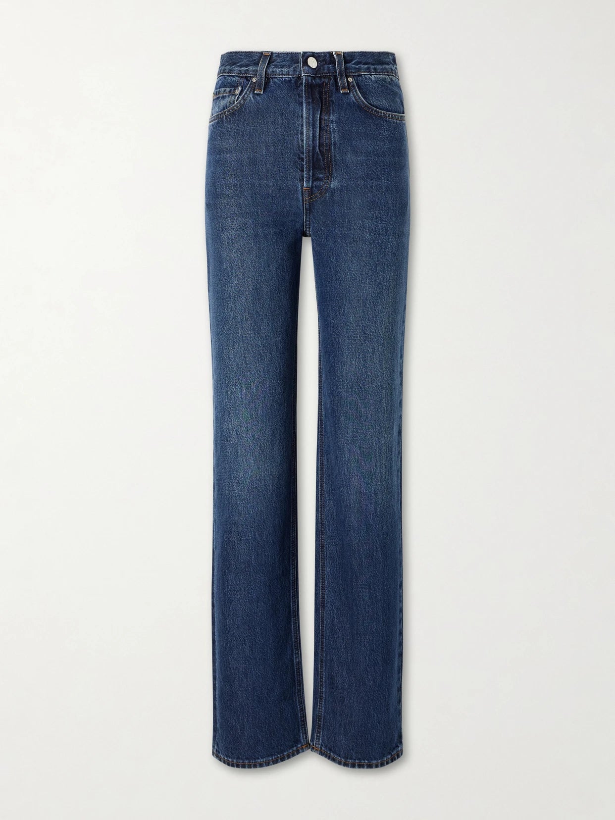 Image of Jeans. Product name - Logo-appliquéd Mid-rise Straight-leg Jeans in Indigo colour by brand - TOTEME