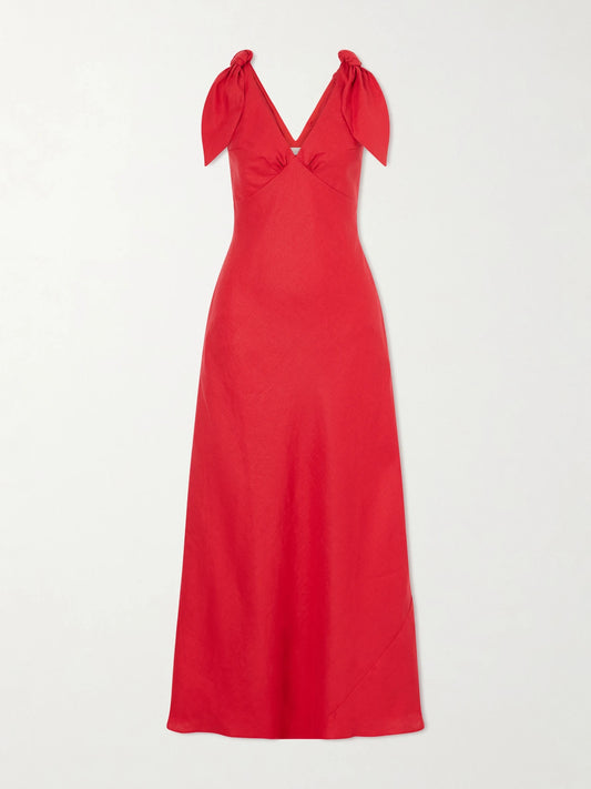 Image of Dresses. Product name - Solana Knot-detailed Linen Maxi Dress in Red colour by brand - Faithfull