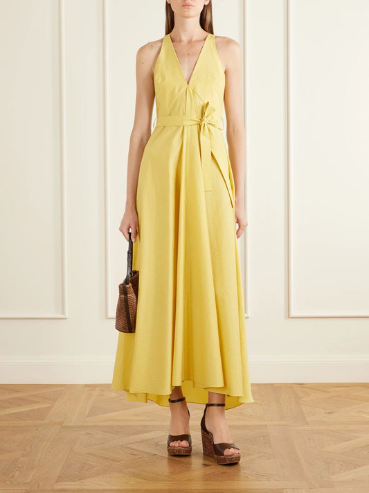 Image of Dresses. Product name - Belted Cotton-blend Midi Dress in Mustard colour by brand - Brunello Cucinelli