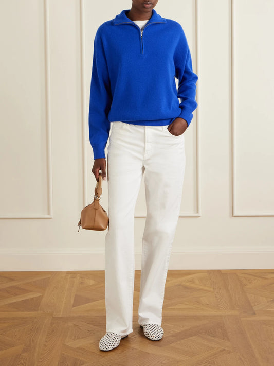 Image of a model wearing Outerwear. Product name - Hudson Cashmere Turtleneck Sweater in Cobalt blue colour by brand - STAUD