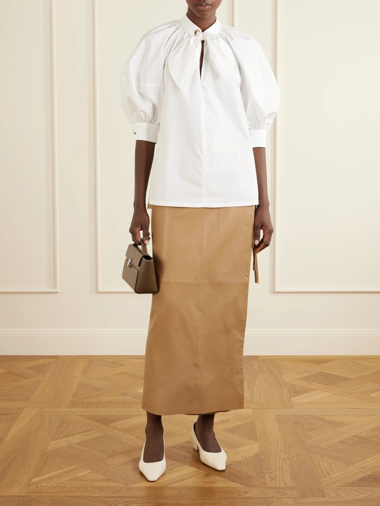 Image of a model wearing Tops. Product name - Scarf-detailed Cotton Shirt in White colour by brand - Max Mara