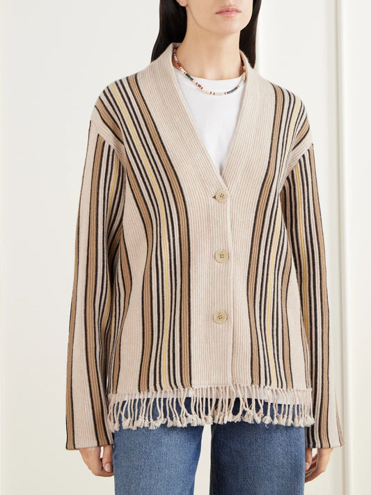 Guest In Residence Handloom Fringed Striped Wool And Cashmere-blend Cardigan