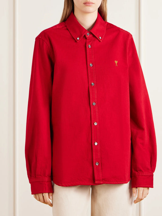 AMI PARIS Logo-embroidered Cotton-twill Shirt