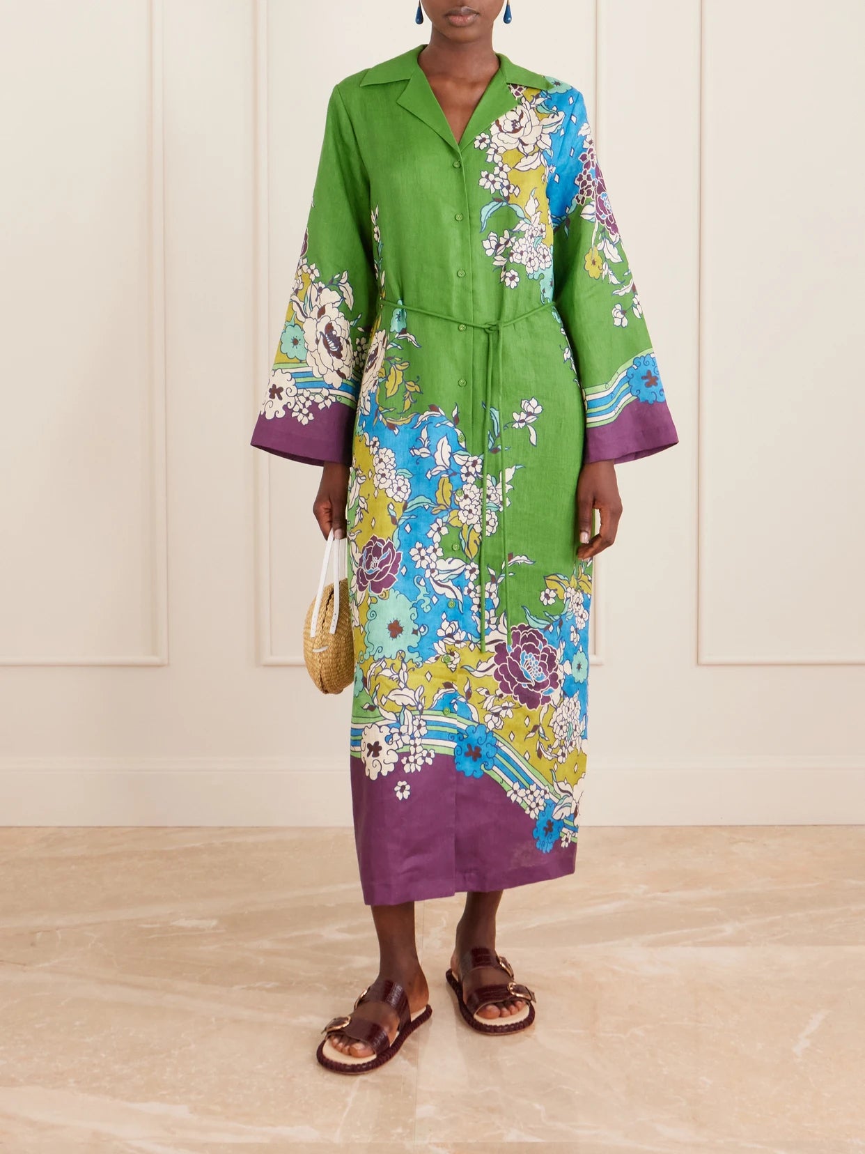 Image of Dresses. Product name - Nanci Belted Floral-print Linen Midi Dress in Multi colour by brand - ALÉMAIS