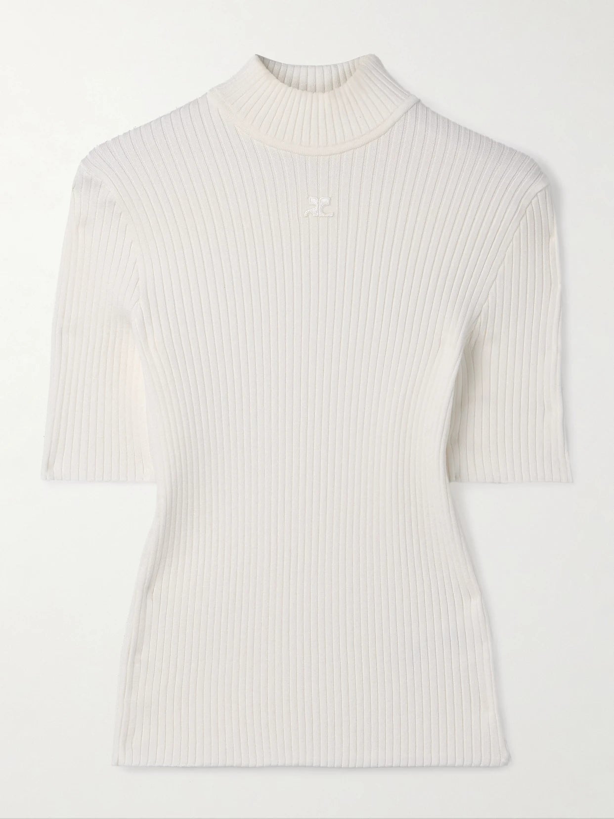 Image of a model wearing Outerwear. Product name - Appliquéd Ribbed-knit Top in White colour by brand - COURREGES