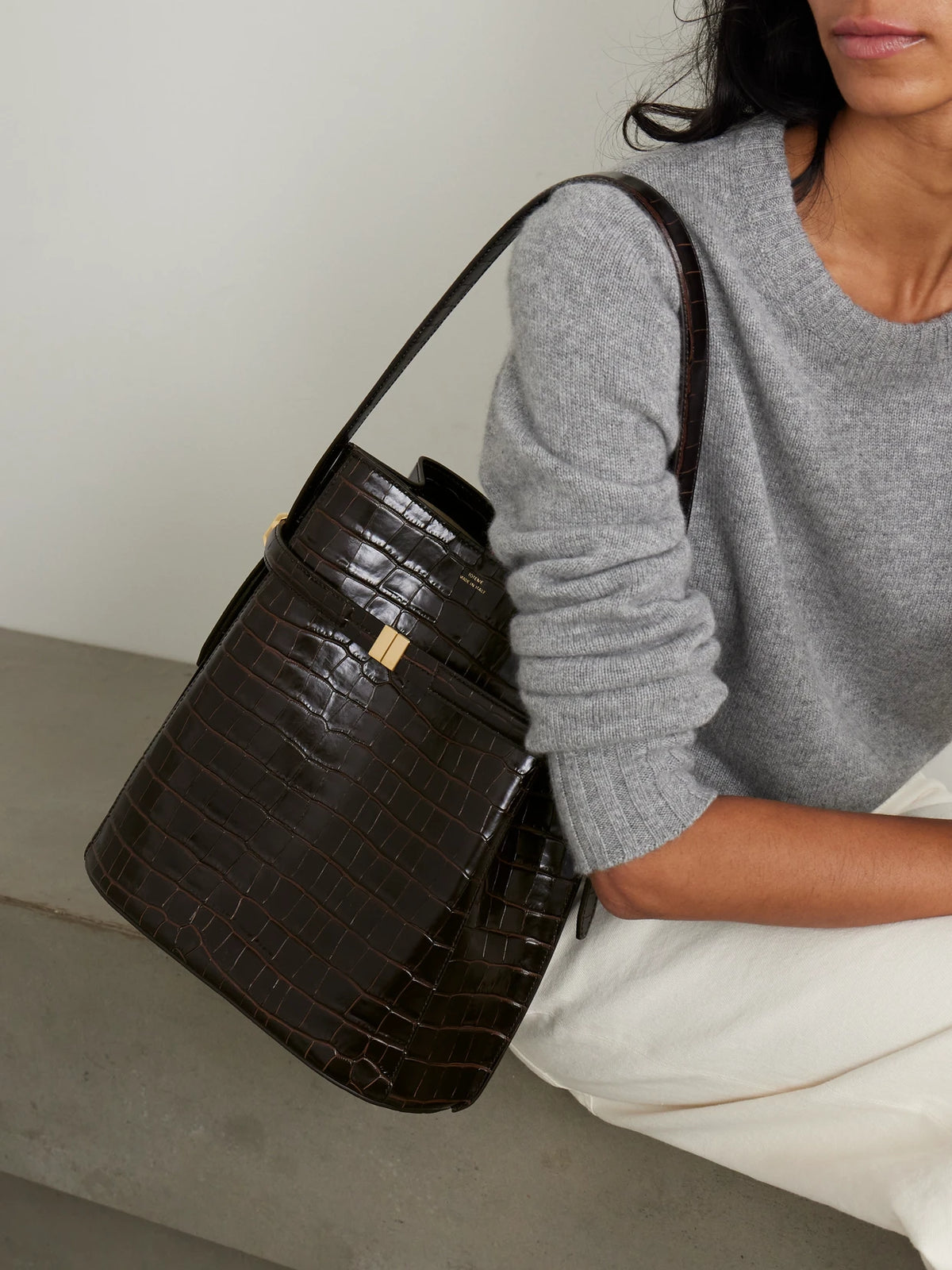Image of Bags. Product name - Belted Croc-effect Leather Tote in Dark brown colour by brand - TOTEME
