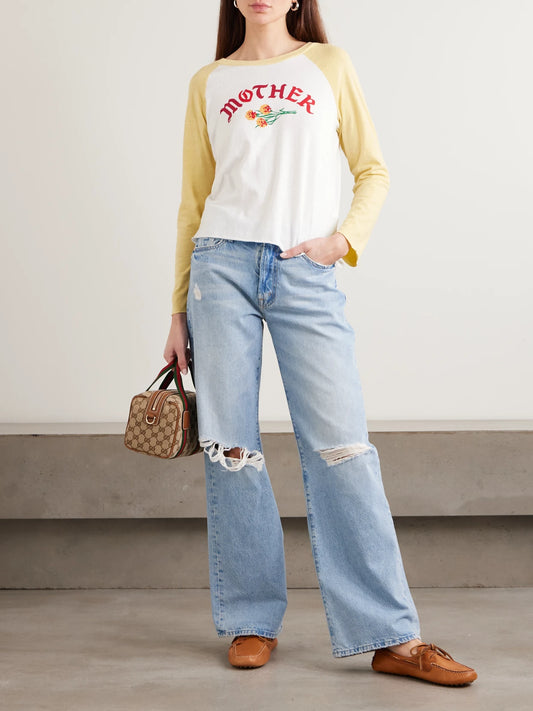 Image of Jeans. Product name - Maven Sneak Distressed High-rise Straight-leg Jeans in Blue colour by brand - Mother