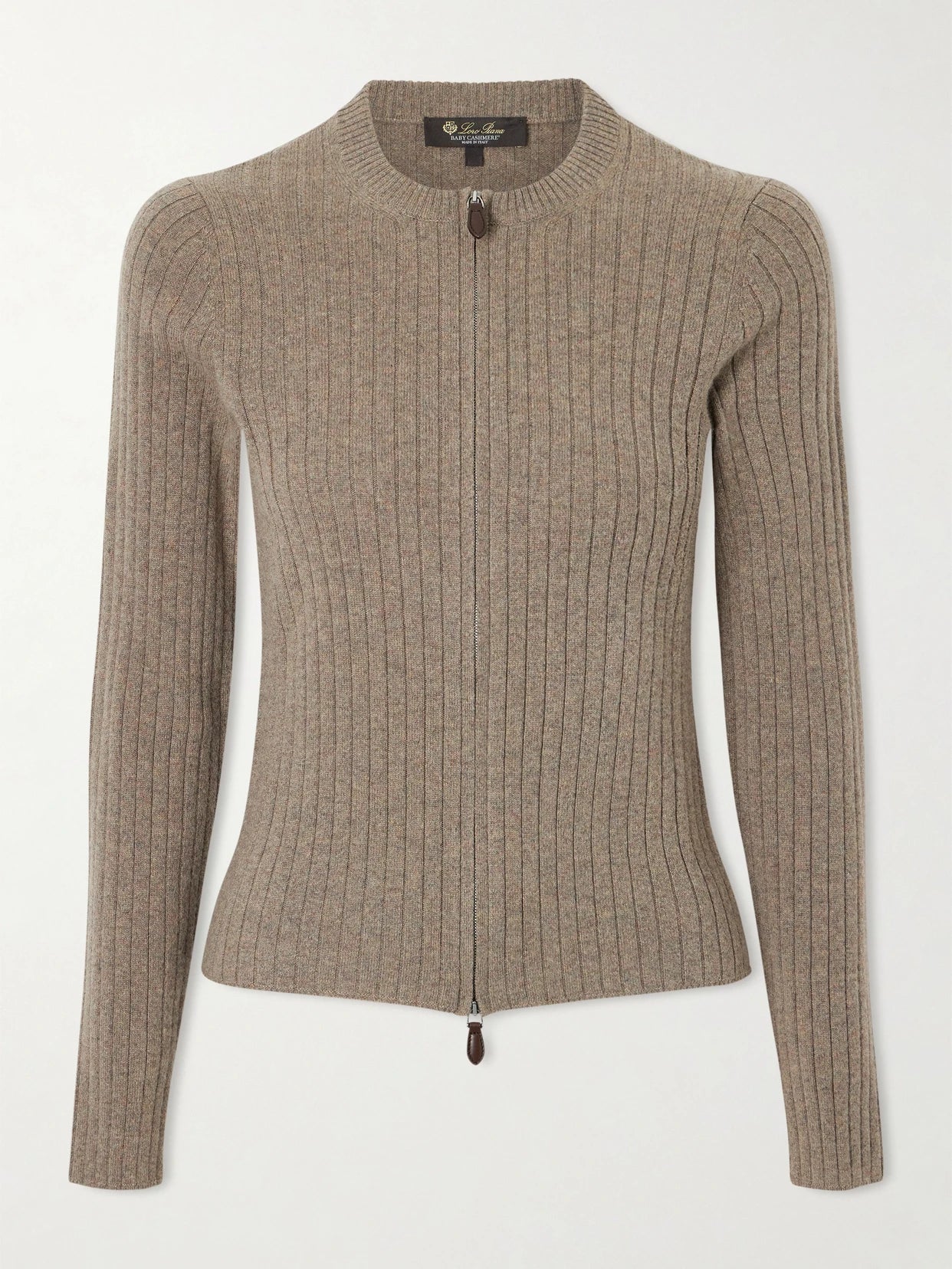 Image of a model wearing Outerwear. Product name - Ribbed Cashmere Cardigan in Brown colour by brand - Loro Piana