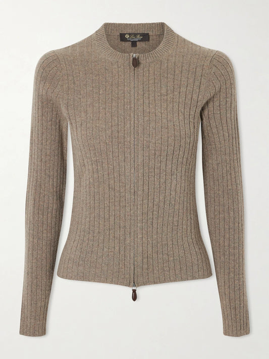 Image of a model wearing Outerwear. Product name - Ribbed Cashmere Cardigan in Brown colour by brand - Loro Piana
