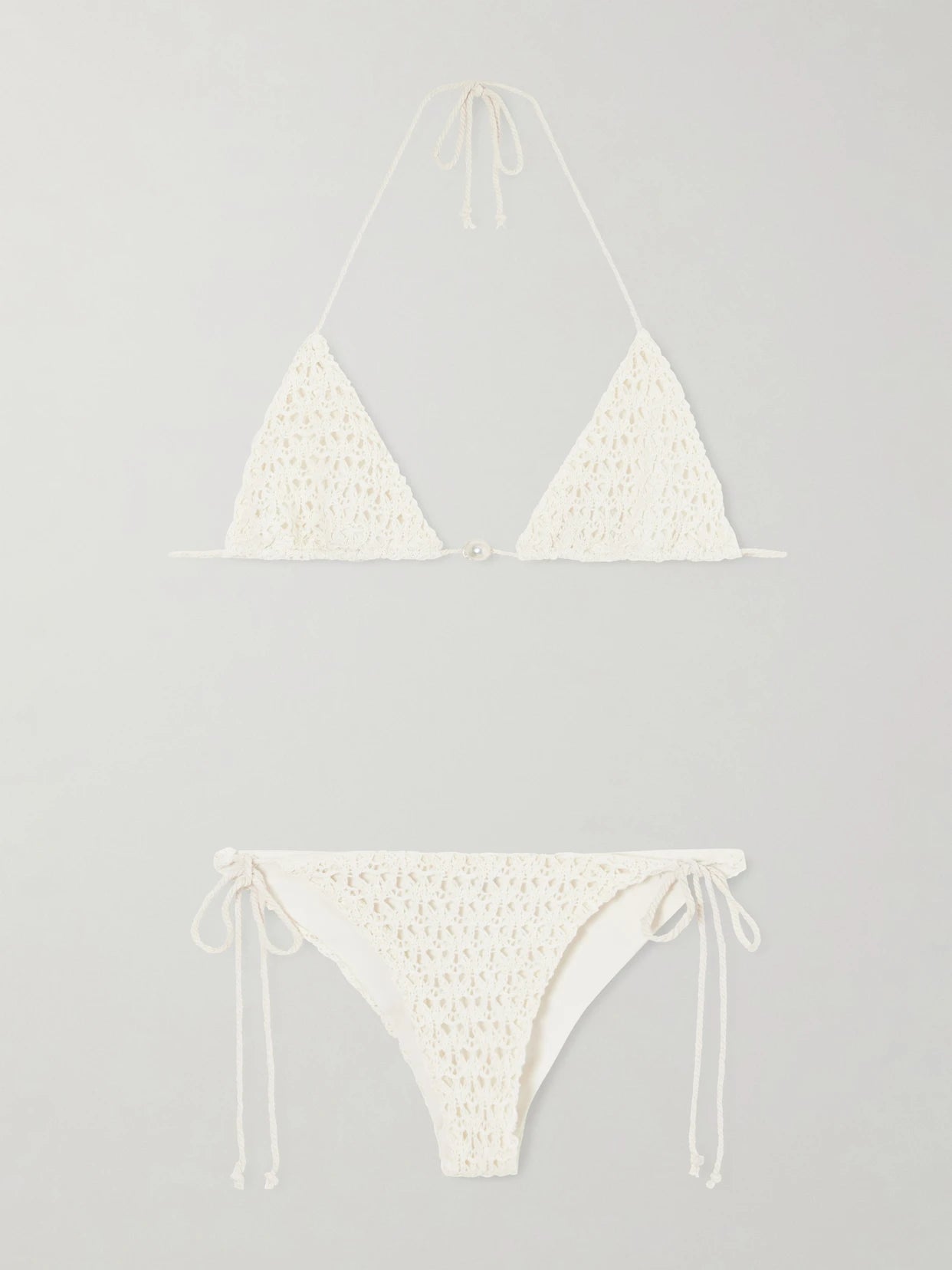 Image of Swimwear. Product name - Pearl Crocheted Cotton Triangle Bikini in Ecru colour by brand - Sara Cristina