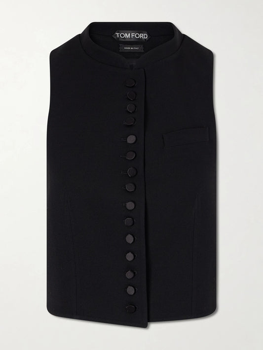 Image of a model wearing Tops. Product name - Wool-jacquard Gilet in Black colour by brand - TOM FORD