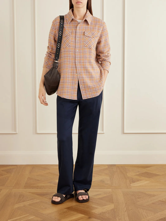 Image of a model wearing Tops. Product name - Midnight Rose Checked Cashmere Shirt in Orange colour by brand - God's True Cashmere