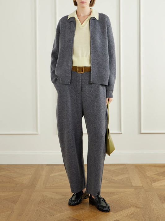 Image of a model wearing Outerwear. Product name - Aleya Cashmere Cardigan in Gray colour by brand - LISA YANG